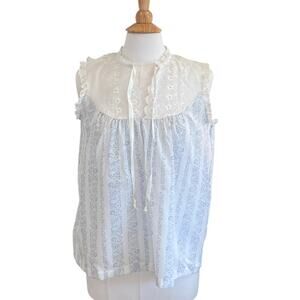 Vintage Violette Pastel Blue Floral Sleep Top, Eyelet, Ruffle, Size L